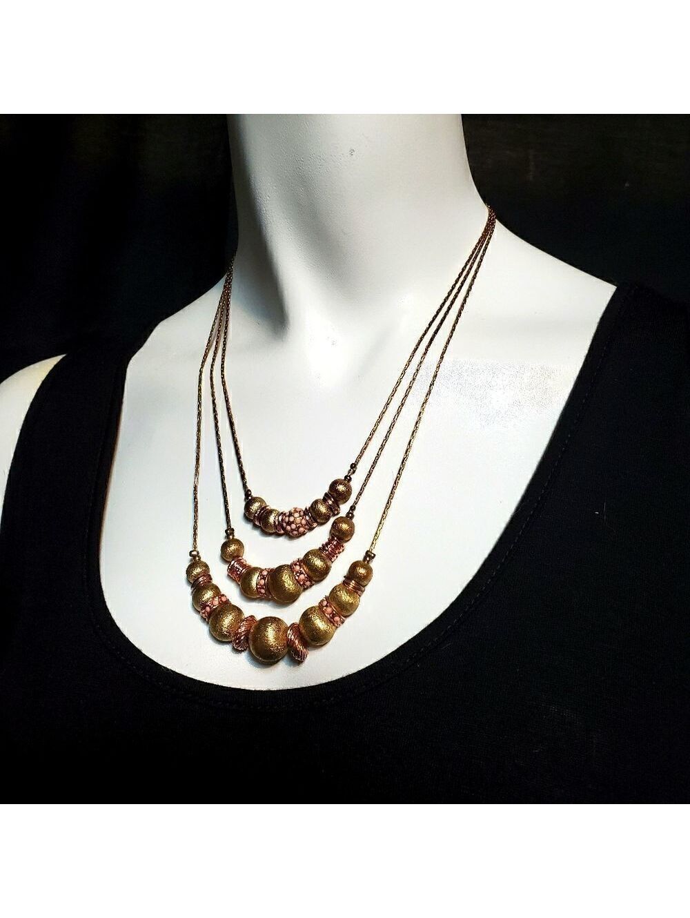New York & Company Multi-Strand Gold Tone Beaded Necklace with Pink Accents